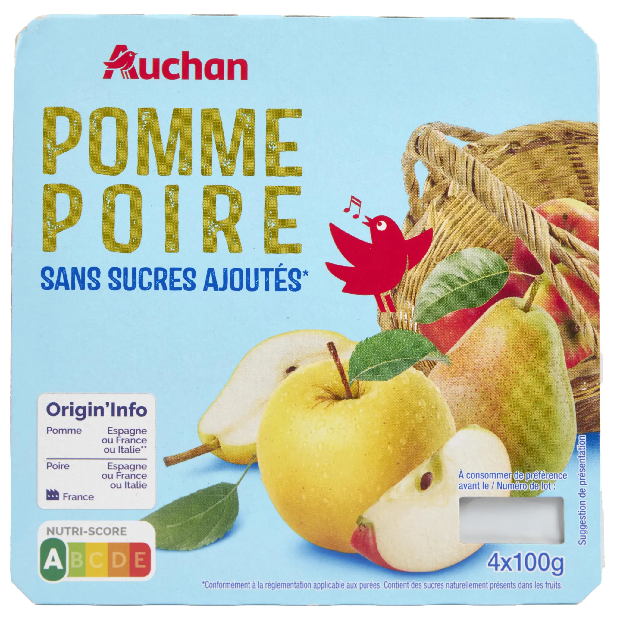 AUCHAN Purée de pomme poire sans sucres ajoutés