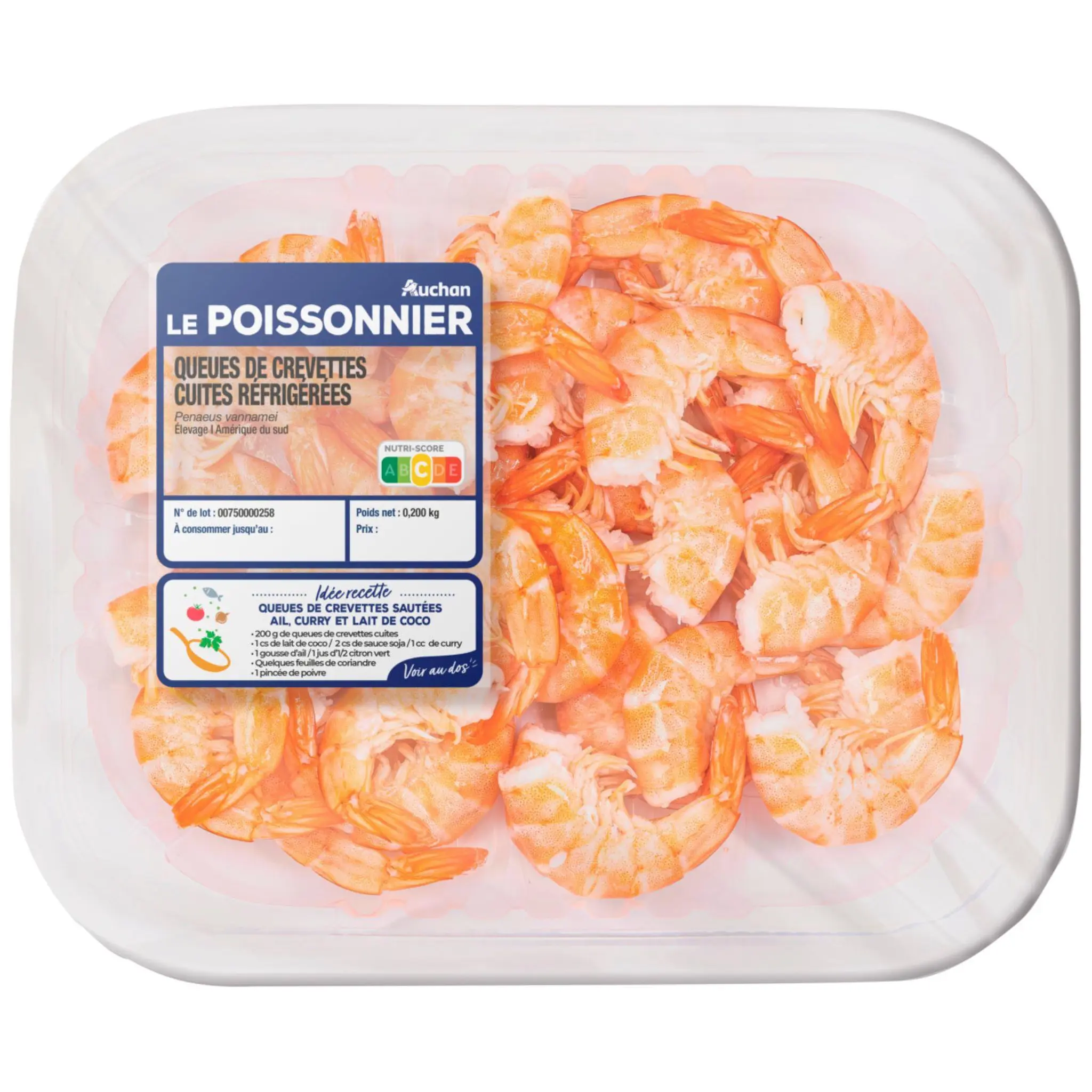AUCHAN LE POISSONNIER Queues de crevettes cuites réfrigérées