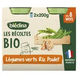 Plat Bébé dès 8 Mois Petits Morceaux Légumes Verts Riz Poulet Les récoltes Bio BLEDINA