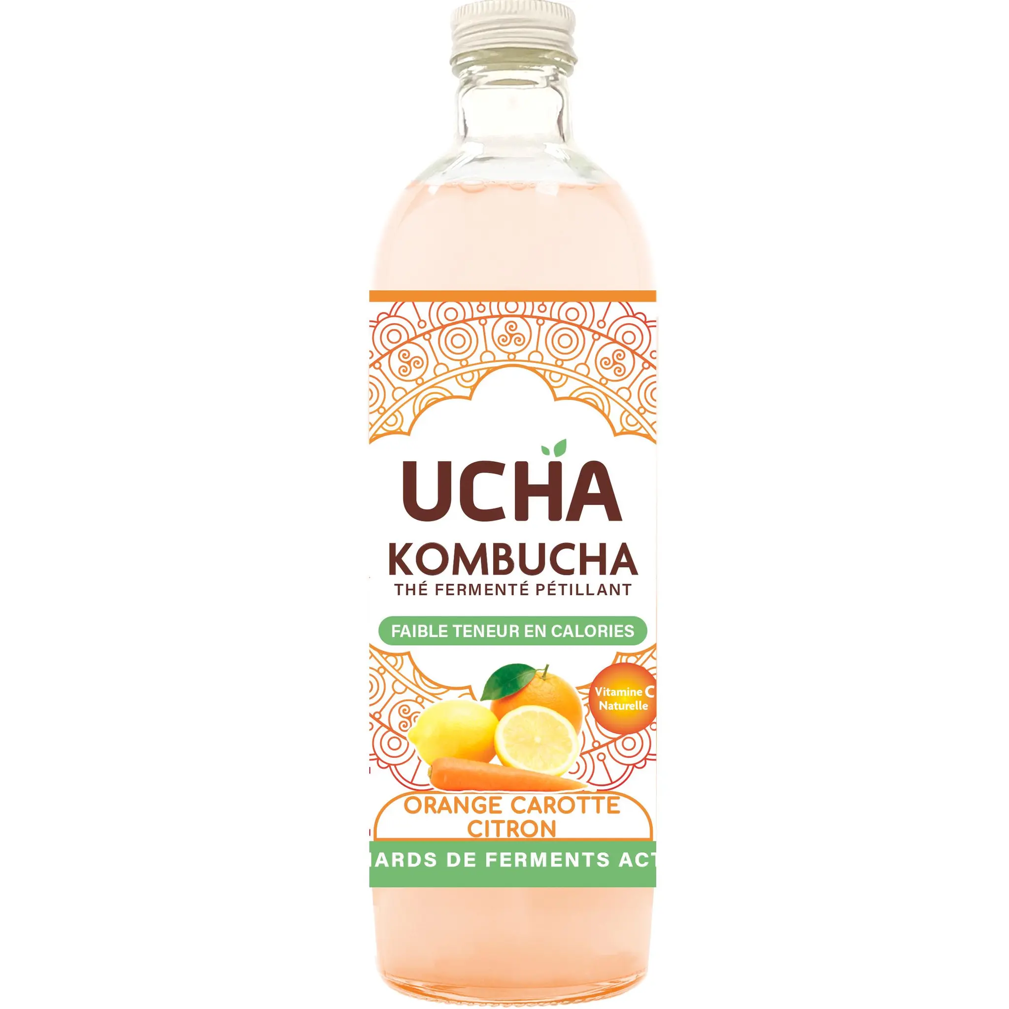 UCHA Kombucha thé fermenté pétillant bio orange carotte citron faible teneur en calories