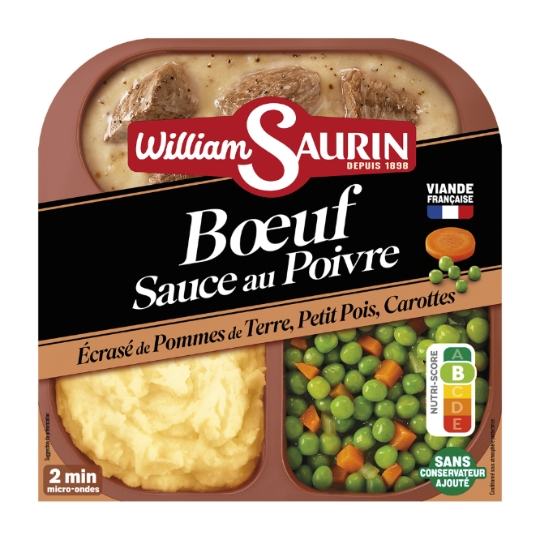 Plat cuisiné bœuf sauce au poivre écrasé de pommes de terre, petits pois et carottes WILLIAM SAURIN