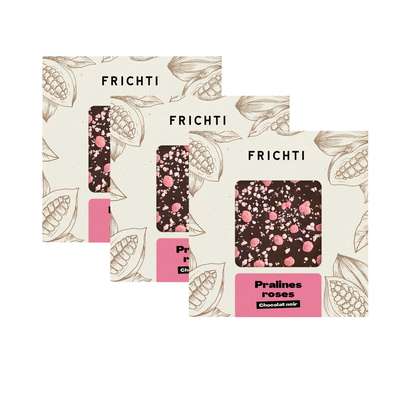 Lot de 3 x Carré de Chocolat Noir & Pralines Roses, Frichti (80 g)