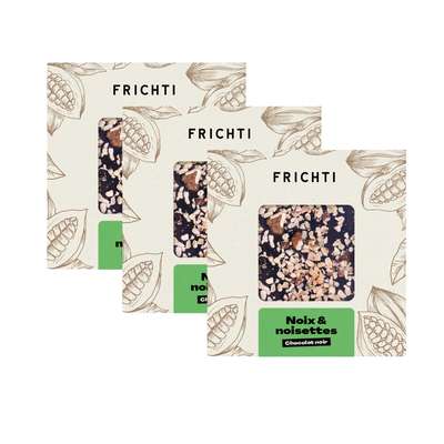 Lot de 3 x Carré de Chocolat Noir, Noix & Noisettes Caramélisées, Frichti (80 g)
