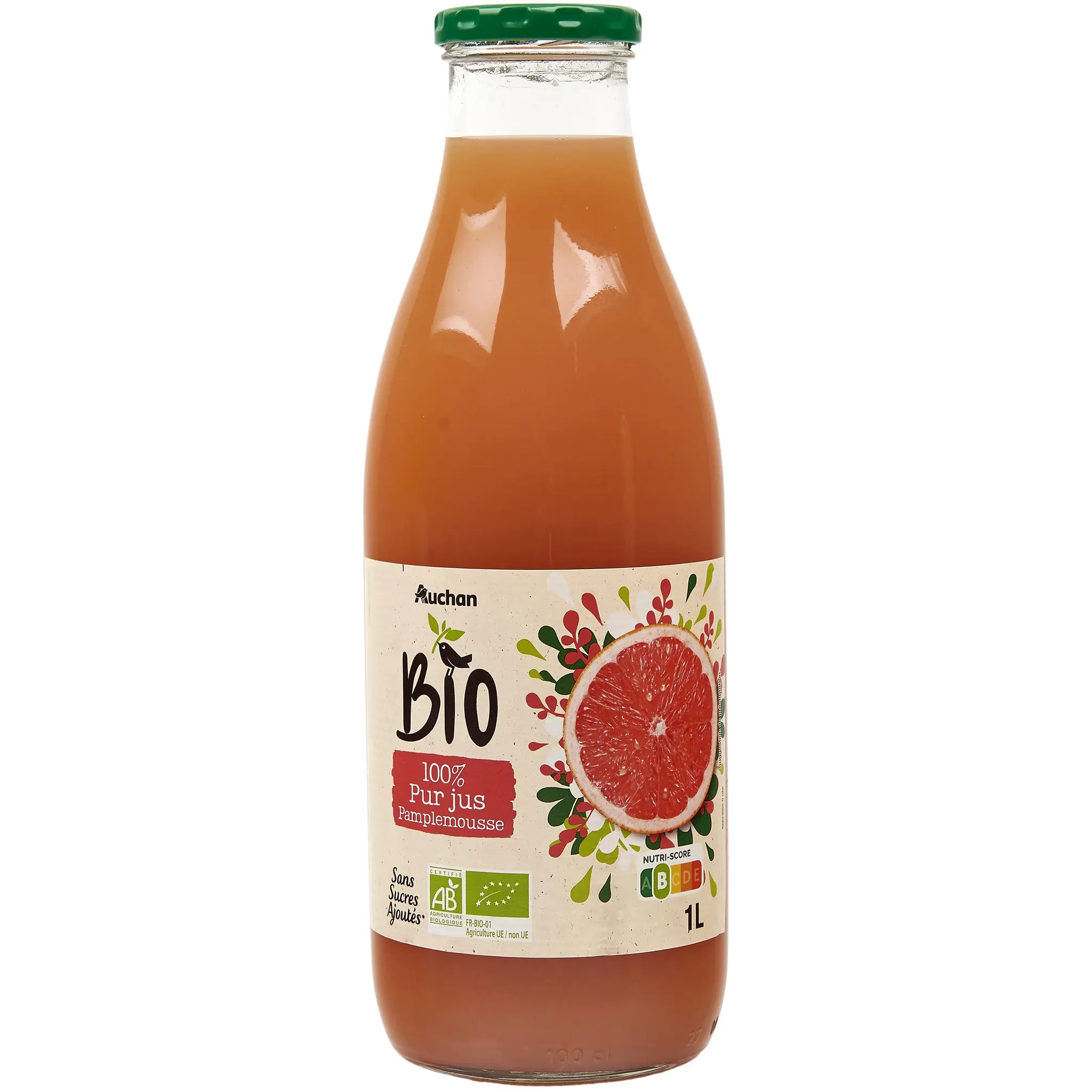 AUCHAN BIO Pur jus de pamplemousse rose bouteille verre