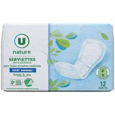 Serviettes incontinence maxi, U Nature (x 12)