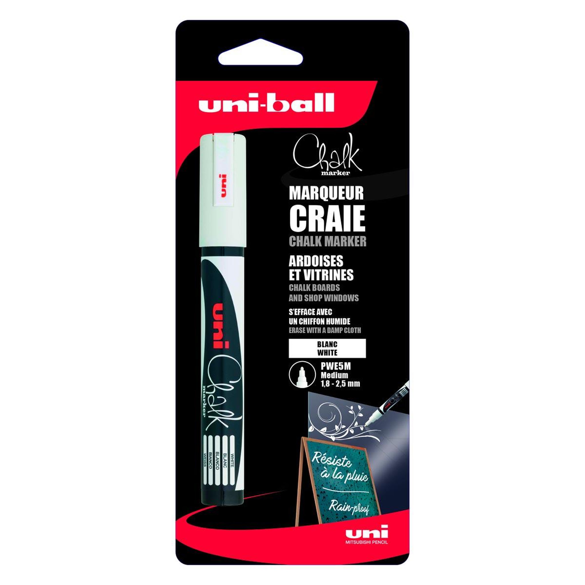 UNI CHALK Marqueur craie pour ardoides et vitrines pointe moyenne blanc