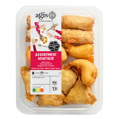 Assort. asiatique (Nems porc, beignets crev., sam.boeuf curry) + sce nuoc-mam et aigre dce AGIS, 12 pièces 340g
