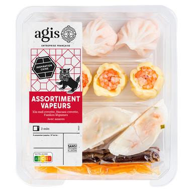 Assortiments de bouchées vapeur (Funkos crev. Légumes, Xiu Maï) + sauce soja et aigre dce AGIS, 10 pièces, 240g