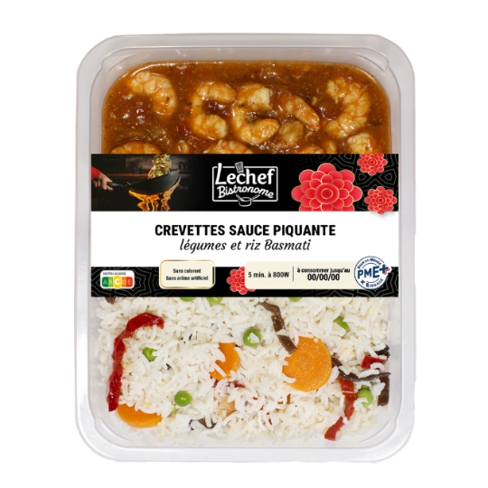 Plat Cuisiné Crevettes Sauce Piquante Légumes et Riz LECHEF