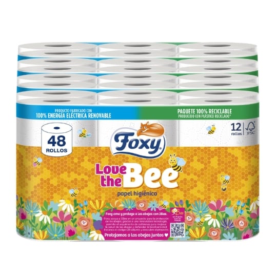 Love The Bee | 3 Couches | Papier Toilette 48 Rouleaux | 167 Services Par Rouleau | Certifié Fsc | 100% Énergie FOXY