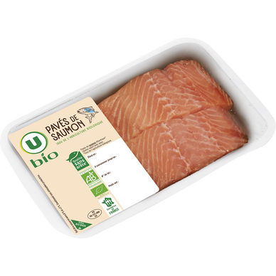 Pavé de saumon Atlantique avec peau bio, élevé en Irlande, 2 pièces,barquette 250g