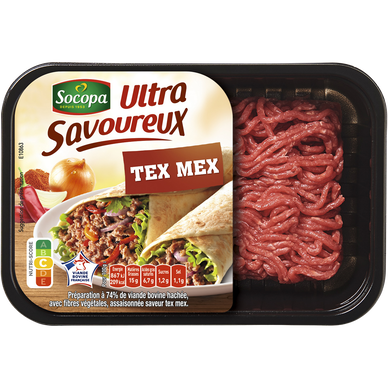 Préparation à base de viande haché bovine, Ultra savoureux faconTexMex, 15% Matière grasse, SOCOPA, France, barquette de 650g.