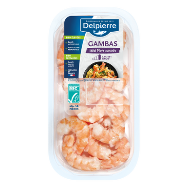 Gambas royale cuite décortiquée, cal.26/30, élevée Amérique Centrale,élaborée en France, barquette de 200g