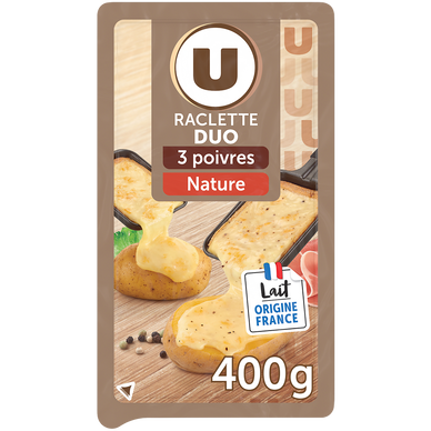 Fromage à raclette lt past.duo nature et poivre 27%mg U 400g