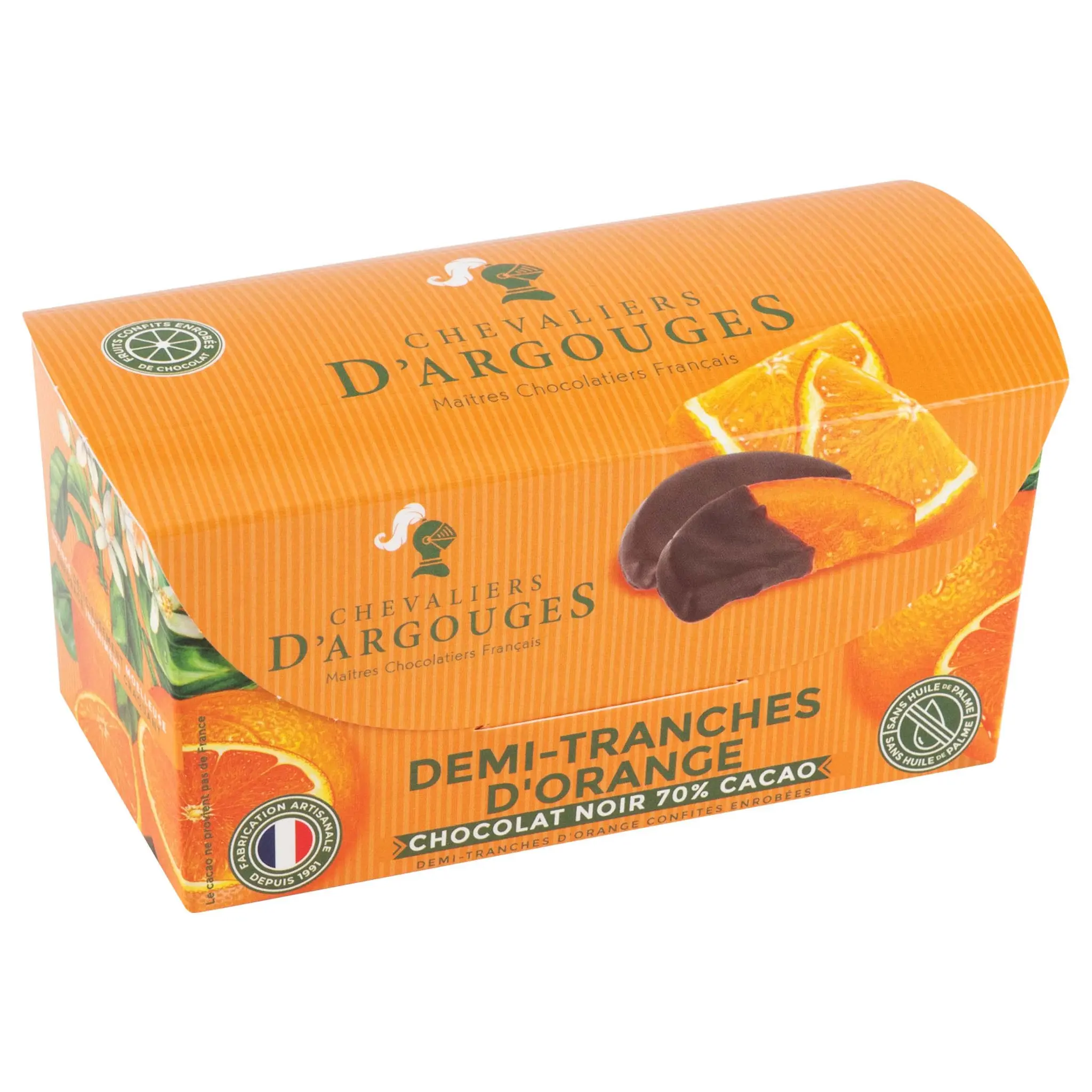CHEVALIERS D'ARGOUGES Demi-tranches d'orange confites enrobées de chocolat noir 70% de cacao