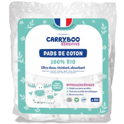 Pads de coton ultra doux pour peaux sensibles BIO, Carryboo (x 150)