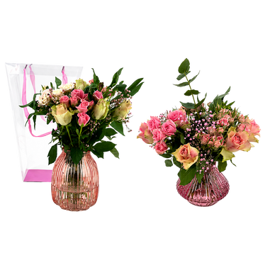 Bouquet composé octobre rose vase+sac 15 tiges Kenya