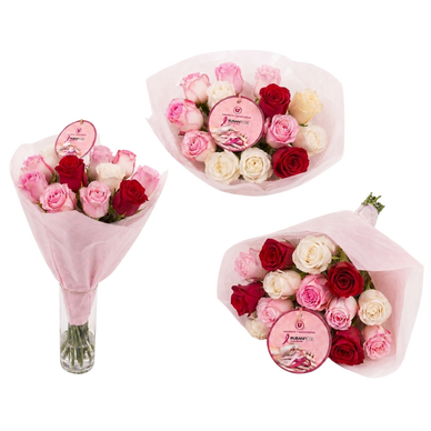 Bouquet 15 roses Arlequins hauteur 40cm Kenya