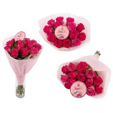 Bouquet 15 roses tons cerise hauteur 40cm Kenya