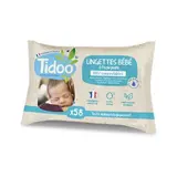 Lingettes bébé sans parfum à l'eau pure BIO, Tidoo (x 58)